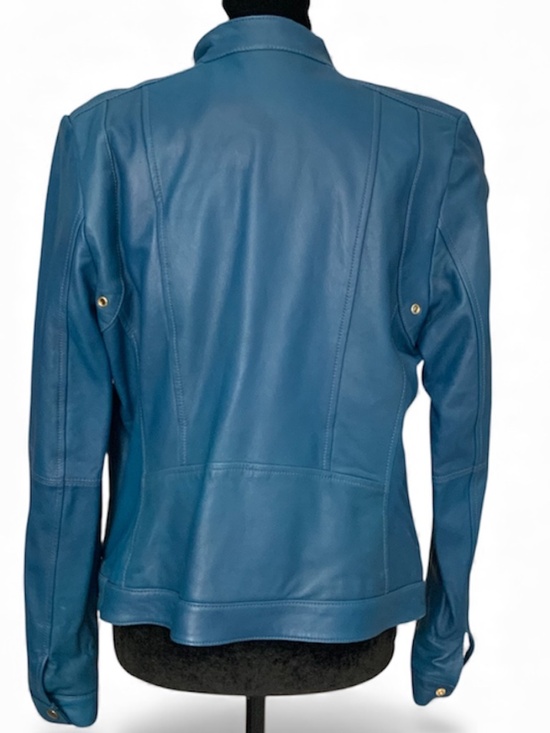 Banana Republic Leather Cropped Moto Jacket Blue SZ S - Picture 6 of 12